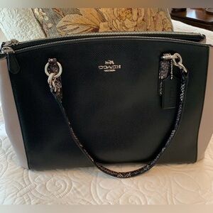 COACH Christie Cross Grain Leather Carryall in Black and Taupe.